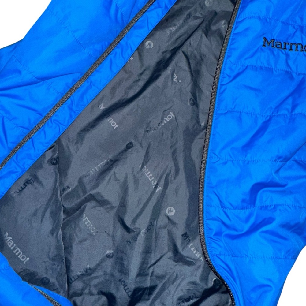 Marmot Jacket Blue Black Puffer Variant Quilted Outdoors Coat Fleece - Picture 3 of 4